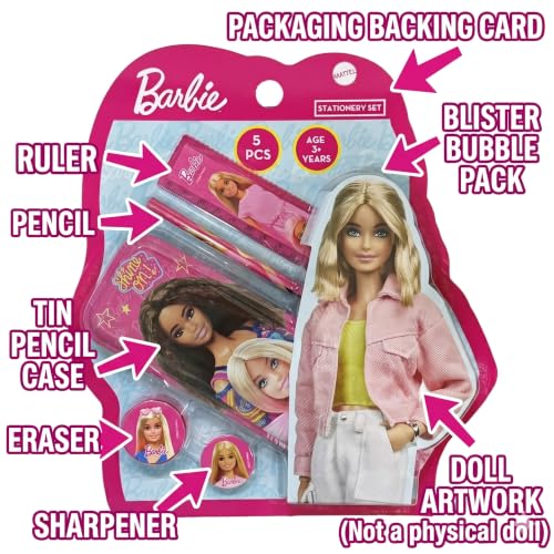 Image of Barbie 5 pcs Stationery SetSchool Supplies Kit Multicolor Return Gift for Kids Age 3 Years +