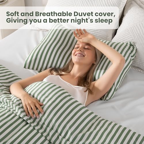 ROSE&RISY King Duvet Cover Set, 3 Pieces Soft Striped Comforter Cover with Button Closure, Breathable and Cooling,Includes 1 Duvet Cover, 2 Pillow Cases (Green Stripe, King Size) by ROSE&RISY - Used condition - Image 3