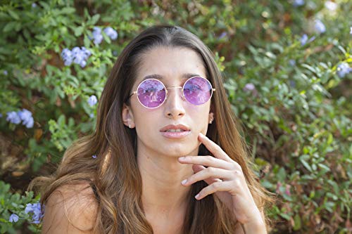 Gold with Purple Lenses Small Round UV400 Mens and Womens Round Sunglasses - Stylish Festival and Designer Round Glasses - Perfect Sun Glasses for Men and Women - Cool Round Metal Shades steampunk buy now online