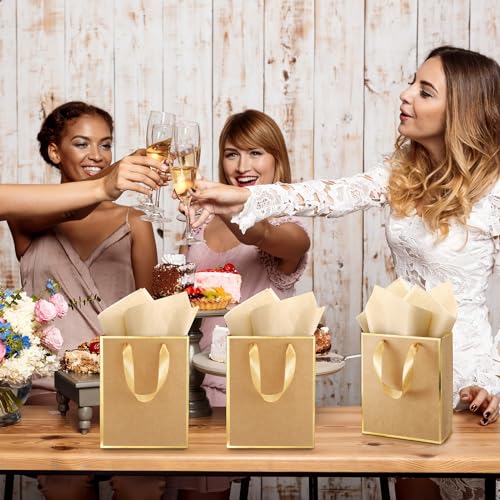 Image of Yeaqee 24 Pack Metallic Paper Gift Bag with Tissue, Kraft, Gold | with Satin Ribbon Handle and Tissue, 9x7x3.1 Inch, Suit Business, Birthday, Christmas, Thank You Return Gifts Bags