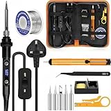 Small Soldering Iron Kit 80W: Adjustable Temperature 180-520°C Electric LCD Welding Tools with 5 Soldering Tips Stand Desoldering Pump Solder Wire and Tweezers