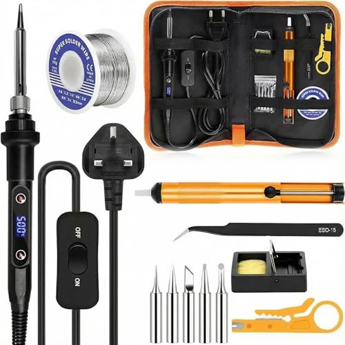 Small Soldering Iron Kit 80W: Adjustable Temperature 180-520°C Electric LCD Welding Tools with 5 Soldering Tips Stand Desoldering Pump Solder Wire and Tweezers