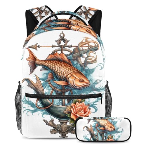 Sac à dos carpe rouge grand volume contre le désordre scolaire avec trousse pour ados