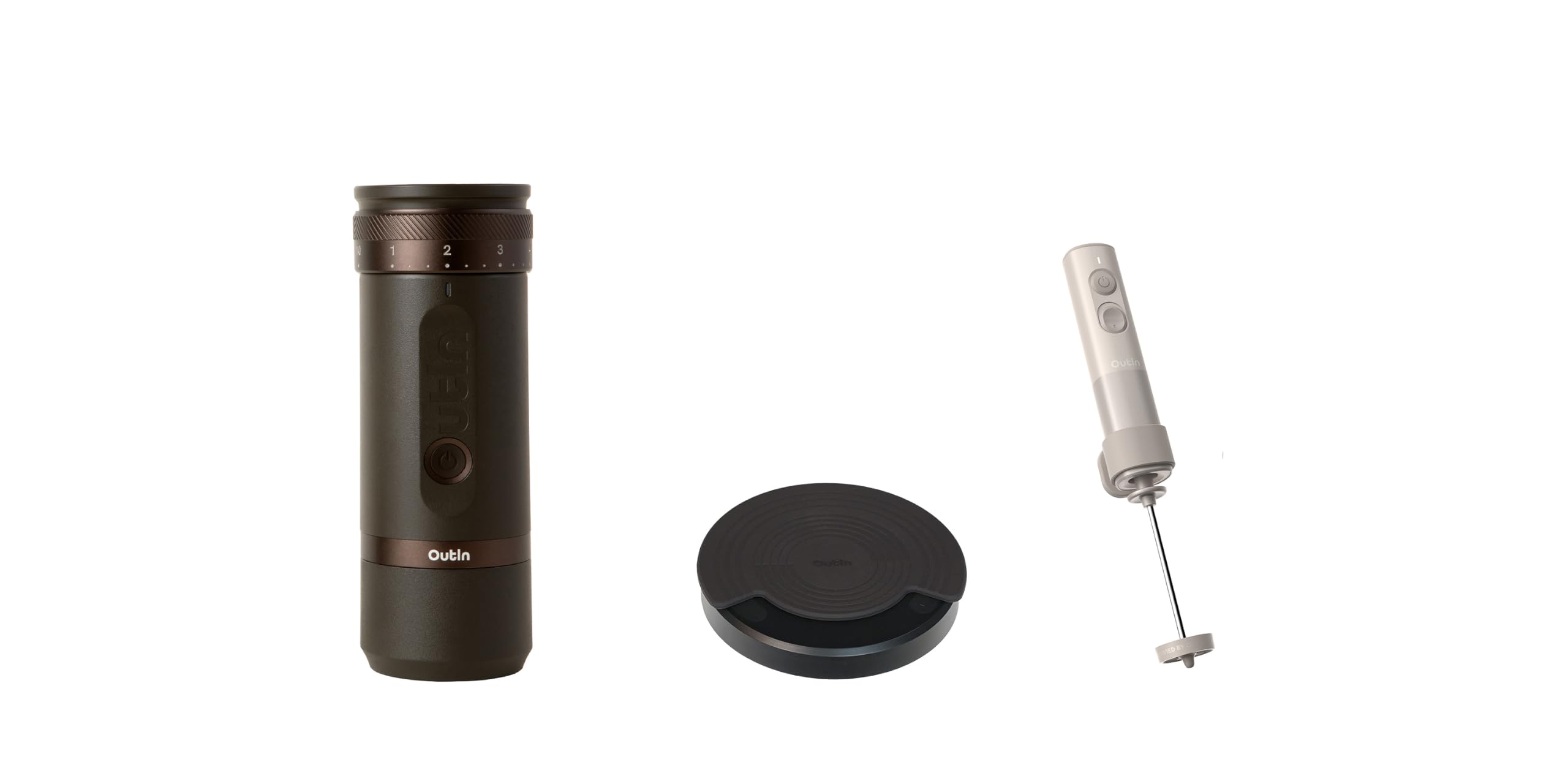 OutIn Fino Macinacaffè Elettrico, Claro bilancia da caffè portatile e LattoGo Montalatte manuale