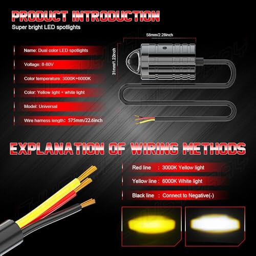 Image of Jumbuck Universal Bike LED Light - High Power Motorcycle Fog Lamps Mini Driving Lights with White /Yellow Dual Color Projector Lens & Switch (Set of 2Pcs)