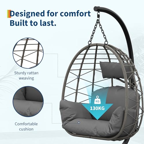 Aptliton Swing Egg Chair Indoor&Outdoor, Hanging Chair with Metal Stand, Foldable Hammock Chair, 150kg Weight Capacity, Weatherproof PE Rattan with Dust Cover & Cushions for Patio, Balcony, Grey 3 Aptliton Swing Egg Chair Indoor&Outdoor, Hanging Chair with Metal Stand, Foldable Hammock Chair, 150kg Weight Capacity, Weatherproof PE Rattan with Dust Cover & Cushions for Patio, Balcony, Grey - Image 3