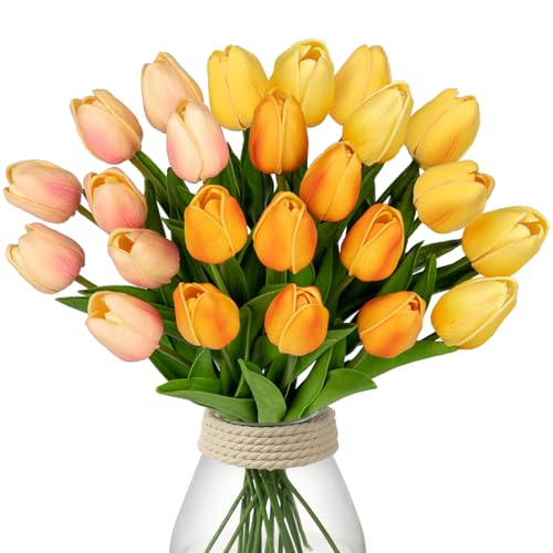 Image of 24 Pcs Artificial Tulips Flowers Mixcolor Real Touch Fake Tulips Fake Flowers for Mother's Day 13.5 inch Faux Tulips Faux Flowers Bulk Artificial Tulips Flowers for Vase Centerpieces Home Wedding Bouquet