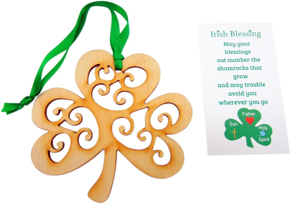 Irish Shamrock Ornament Irish Blessing Set with Wooden Christmas Decoration and Prayer Card, 3 Inch