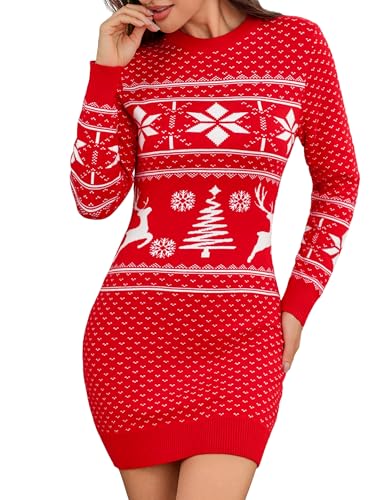 Irevial Strickkleid Damen Rundhals Weihnachtskleid Pullikleid Langer Pulloverkleid Frauen Kleider Pullover Rippstrick Wickelkleid Schneeflocken Muster...