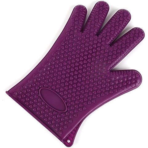Elonglin Silicone Oven Gloves Heat Resistant Oven Mitts Pot holders for kitchen BBQ Wood burner gloves Stove Gauntlets Cook Grill Baking Adjust Repair PAIR Purple Cover