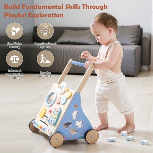 Image of Wooden Baby Walker, Baby Push Walker with Montessori Toy for Girls Boys, Toddler Walking Toys for 18 Months of Age and Over Learning to Walk, Sit-to-Stand, Baby Activity Center for Kids Development
