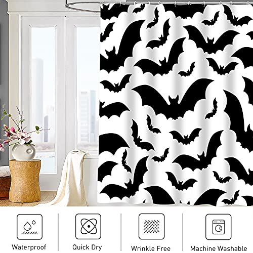 Abaysto Spooky Halloween Pattern With Bats Black And White All Animal Color Dark Dead Bathroom Decor Shower Curtain Sets With Hooks Polyester Fabric Great Gift #TOP3