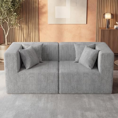 Image of MONVANE 75 inch Loveseat Sofa, Comfy Chenille Modular Sectional Sofa with 4 Pillows, Modern Deep Seat Boneless Couch, 2 Seater Sofa for Living Room, Bedroom and Apartment, Light Grey