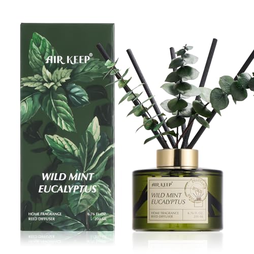Airkeep Reed Diffuser Set with 6.76 fl oz Wild Mint & Eucalyptus Scent Essential Oils and 3 Leaves & 8 Diffuser Sticks Bathroom Shelf Decor & Air Freshener House Bedroom Office Decor & Gifts