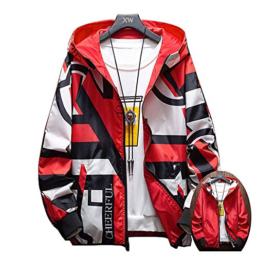 Astellarie Mens Two Side Wear Bomber Jacket Hip Hop Slim Fit Flowers Bomber Jacket Coat Hooded Jackets (US M/Tag 3XL,Red)