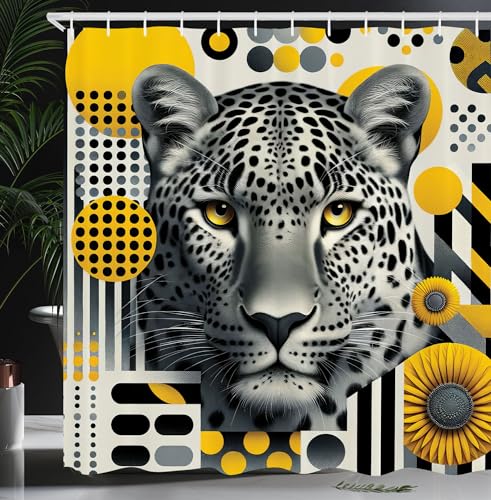 ABAKUHAUS Leopard Duschvorhang, Graustufen Komposition von Retro Mid Century Modern Geometrie Wild Cat, Stoffliches Gewebe Badezimmerdekorationsset mit Haken, 175 x 200 cm, Anthrazitgrau Senf