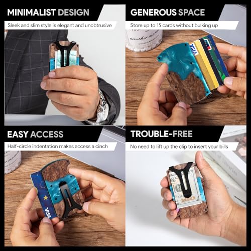 Image of Minimalist Wallet for Men, Slim Metal RFID Blocking Wallet Credit Card Holder Money Clip & Cash Strap, Scratch-Resistant Holds 15 Cards,Ideal Gift for Men | Resin Wood, Unique Pattern ,Light Blue