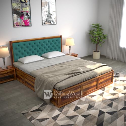 Image of DRIFTINGWOOD Dolvi Solid Sheesham Wood King Size Bed with Storage | Wooden Double Bed Cot Bed with Box Storage & Turquoise Green Velvet Upholstered Cushioned Headboard for Bedroom | Honey Finish