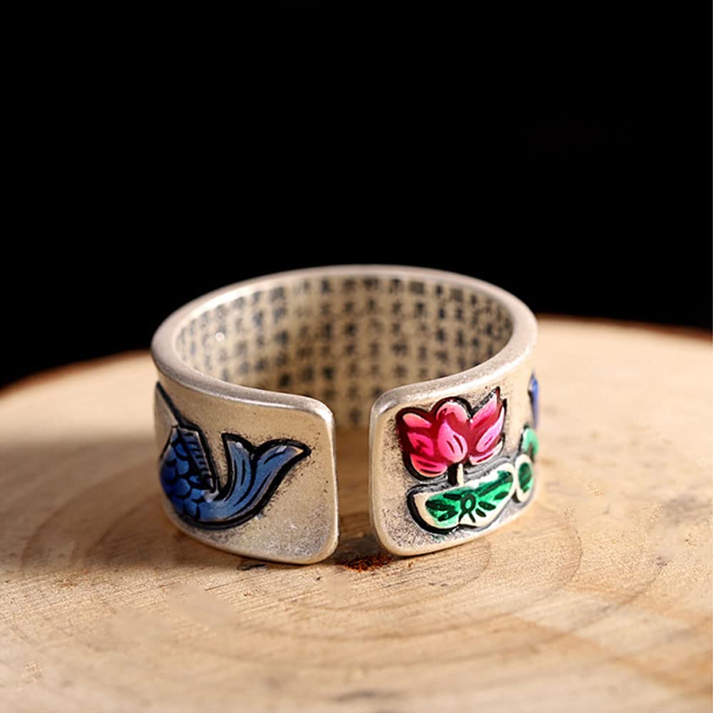 999 Sterling SIERT Silver Lotus Fish Fish Ring Style China Heart Sutra Anillo para Amantes De Yoga Amantes De Joyas De Plata
