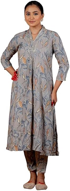 Women's Anarkali Viscose Rayon Floral Printed Foil Lace Work 2 Piece Kurta Set with Trouser