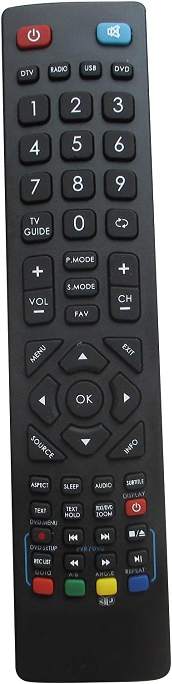 Przód view of the KRPTQJoo replacement remote control, showing all buttons and their labels.