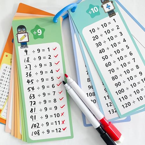 Division Lernkarten Set mit 15 Karten und 2 abwischbaren Stiften，Einmaleins Lernhilfe, Spaßiges Division Lernen,Tragbare Lernhilfe zur Einschulung,Mathematik Lernspiel für Zuhause und Schule