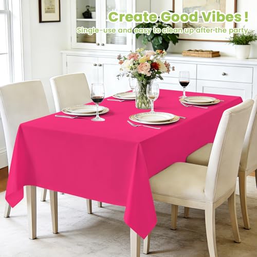Image of Mulbozy Hot Pink Plastic Table Cloth Disposable 4 Pack, 54 x 108 Inch Tablecloths Rectangle, Dark Pink Plastic Table Cover for Party Decor