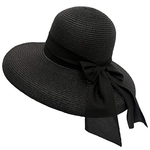 Image of Qchomee Women Wide Brim Straw Hat Ladies Panama Church Derby Cap Sun with Bow Bucket Summer Trilby Travel Beach Classic Flat Fedora for Wedding Party Talent Show Performance Black