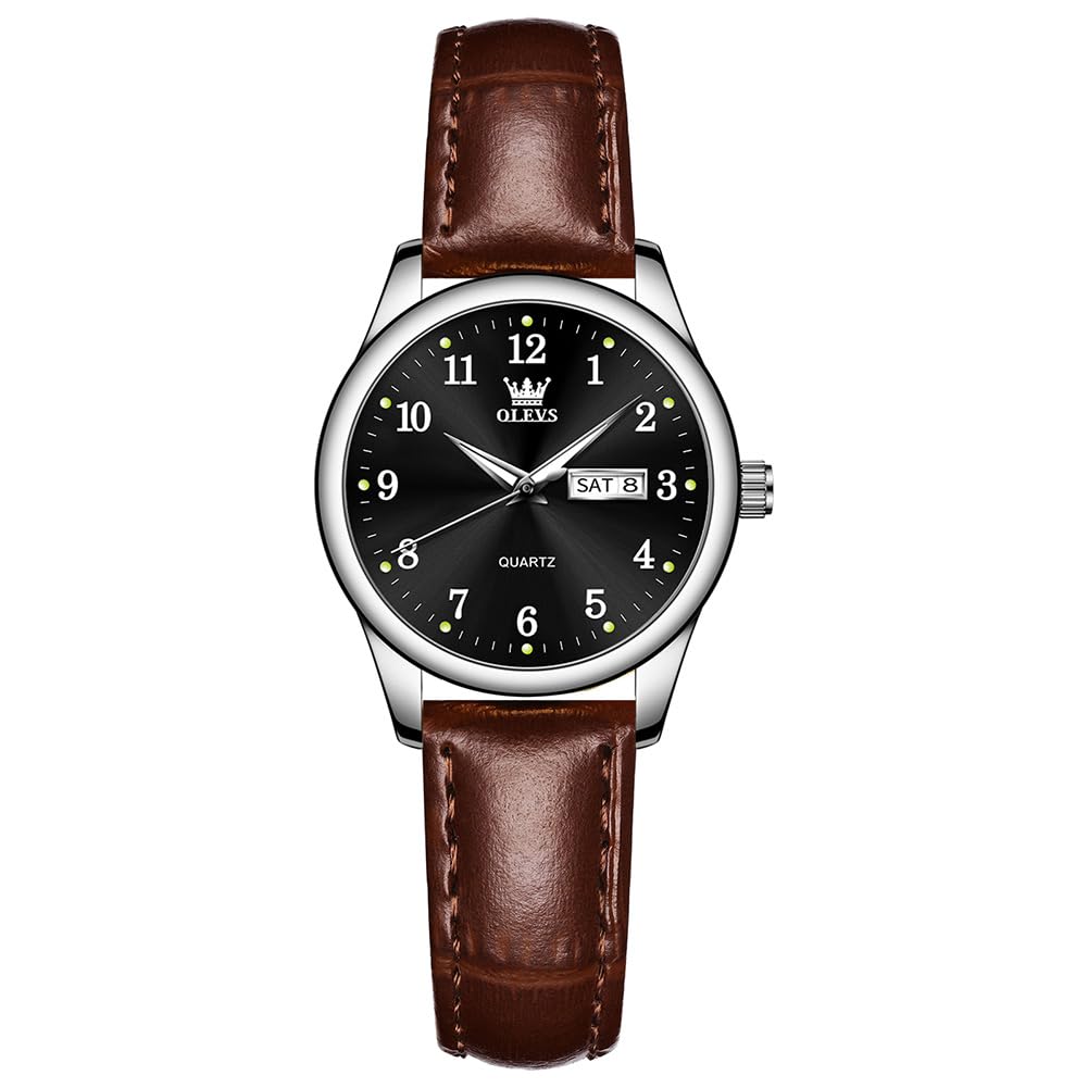 OLEVS Damen-Armbanduhr, Quarz, Lederband, Tag und Datum