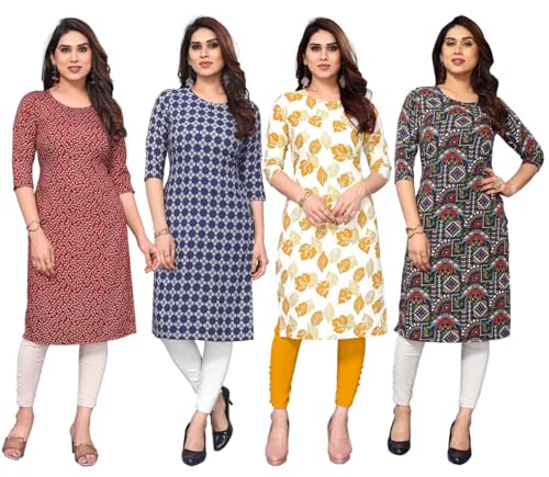 Image of JAKHANA Women's Crepe Printed Casual Straight Calf Length Round Nick Kurta Pack of 4