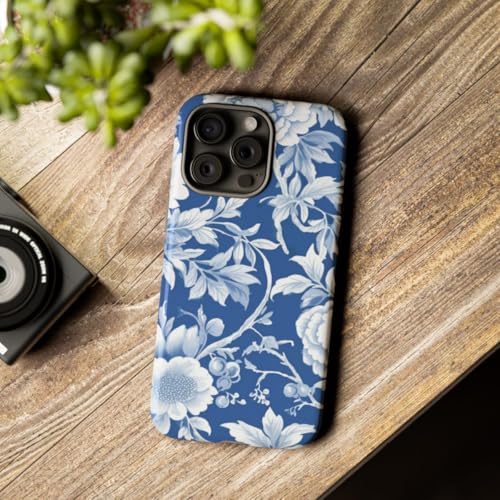 Coque iPhone 15 Pro Max motif floral bleu et blanc de qualité supérieure durable - 3