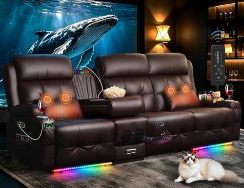 Image of Home Theater Seating, 3 Seat Power Recliner Sofa with Massage & Heat, Wall Hugger Reclining Loveseat with USB, RV Couch with LED Lights, Flip Backrest, Cup Holders for Movie Theater & Gaming Room