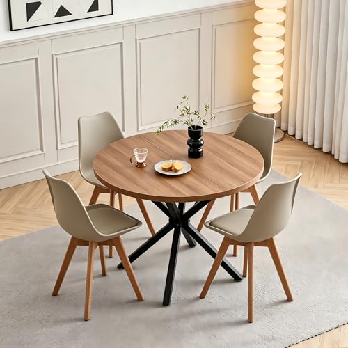 DEYARNA HOME Juego de Comedor, Mesa Redonda 100 cm con 4 Sillas Escandinavas, Patas de Haya Maciza de Cojín de Cuero Sintético para Cocina, Comedor, Salón y Oficina (Caqui+Madera Oscura)