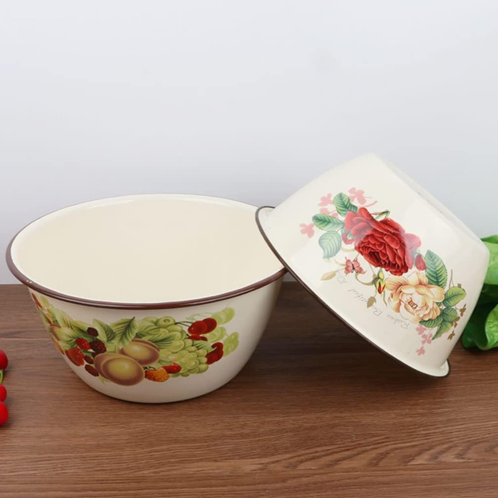 Enamelware Bowl Vintage Serving Bowl Enamel Mixing Bowl with Lid Fruit Print Soup Bowl Oil Basin Round Serving Tray for Soup Butter Oil 2L Pot (Color : As Shown, Size : 21.5X21.5X9.5CM) (Color : As S