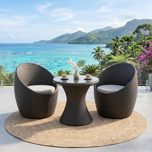 Image of OUTLIVING Outdoor Two Seater Rattan & Wicker Conversation Mudda Set | UV & Water Resistant Patio & Garden Furniture Set with 2 Cushioned Chairs & Glass Top Center Table | Black & White