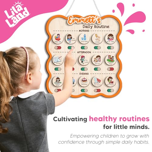 Image of Personalized Wooden Chore Chart for Kids, Daily Routine Chart for Toddlers, Visual Schedule for Kids Age 3-5, Morning Bedtime Routine for Girls (06)