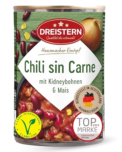 DREISTERN Chili sin Carne 400g I Veganer Eintopf mit Kidneybohnen & Mais I High-Protein mit hochwertigen Nährwerten I Lange Haltbarkeit & ohne zugesetzte Konservierungsstoffe I Hausmacher Qualität