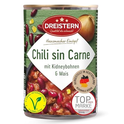 DREISTERN Chili sin Carne 400g I Veganer Eintopf mit Kidneybohnen & Mais I High-Protein mit hochwertigen Nährwerten I Lange Haltbarkeit & ohne zugesetzte Konservierungsstoffe I Hausmacher Qualität