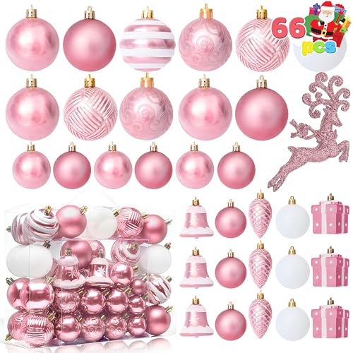 Joiedomi 66 Pcs Christmas Balls Ornaments Set, Pink Shatterproof Plastic Christmas Tree Ornaments for Xmas Hanging Decoration, Holiday Party Decoration