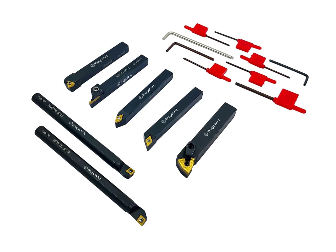 Buyohlic 7 Pieces Indexable Lathe Turning Tool-1/2" Shank Metal Lathe Tools Holder for Turning Grooving Threading with Tin Coated Carbide Inserts