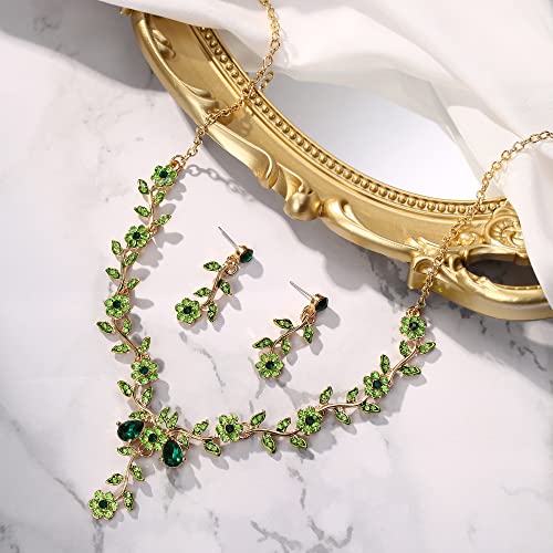 Brilove 12002831-13 Women'S Wedding Jewelry Leaf Cluster Flower Crystal Dangle Earrings Pendant Necklace Set For Bridal Emerald Color Gold-Tone thumb #4