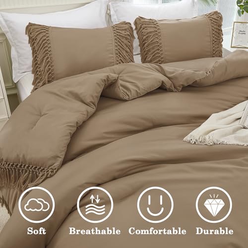 Image of Andency Taupe Full Size Comforter Set, 3 Pieces Boho Tassel Lightweight Soft Bedding Comforter Sets, All Season Fluffy Fringe Bed Set (79x90In Comforter & 2 Pillowcases)