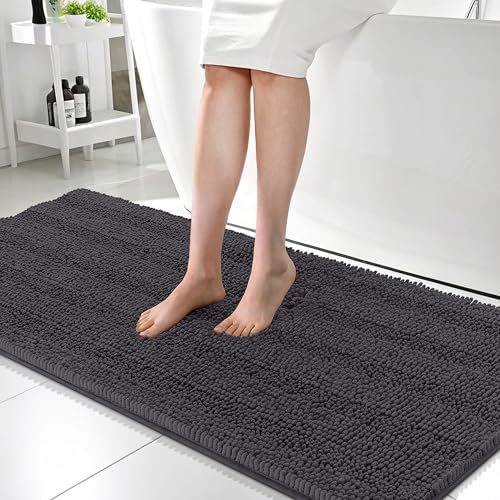 OLANLY Thick Bathroom Runner Rugs 59x24, Soft Chenille Bath Rugs, Dark Grey