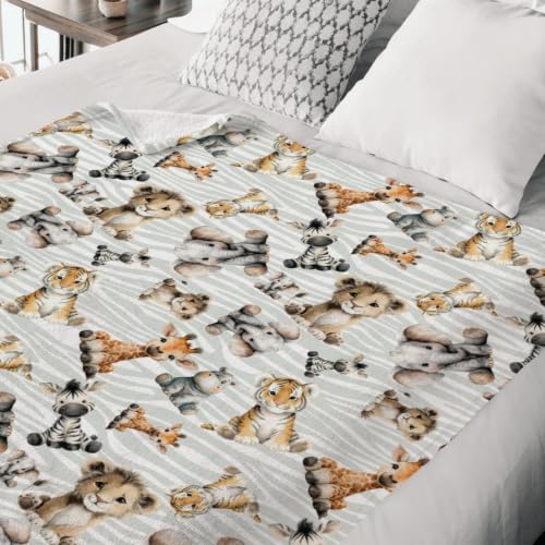 Image of HawSkgFub Kids Safari Baby Animals Blanket Boy Girl Gift, Nursery Jungle Elephant Giraffe Zebra Lion Leopard Hippo Lightweight Fluffy Flannel Fleece Blankets, Soft Warm Toddler Nap Bedding Decor 60x80