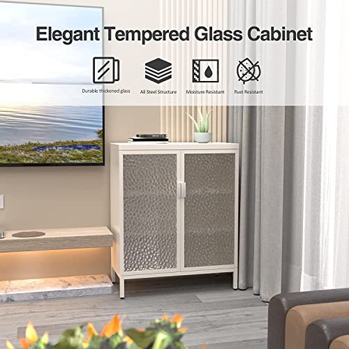 Jaord Metal Display Storage Cabinet,Floor Cabinet With Double Glass Doors And Shelves，Modern Accent Cabinet For Living Room,Office,Home (White) #TOP4
