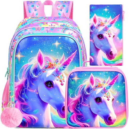 3PCS Girls Unicorn Backpack, 16
