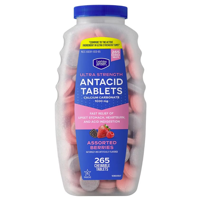 Berkley Jensen Ultra Strength Antacid Chewable Tablets - 1000mg Calcium Carbonate for Heartburn Acid Indigestion Upset Stomach Relief - Assorted Berry Flavor - 265 Count
