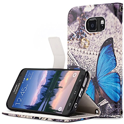 S6 Active Case, Galaxy S6 Active Case, Cellularvilla [Stand Feature] [Slim Fit] Wallet Case, Premium Pu Leather Flip Cover [Card Slots] [Wristlet] for Samsung Galaxy S6 Active G890 (Blue Butterfly)