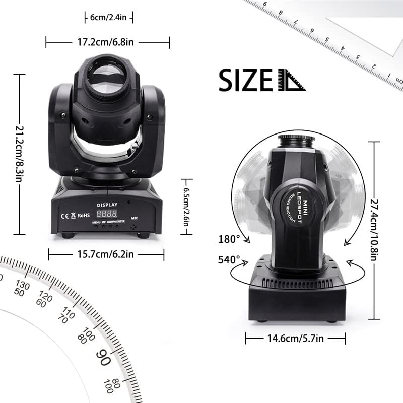 Diagram showing the dimensions of the moving head light and its pan and tilt movement ranges