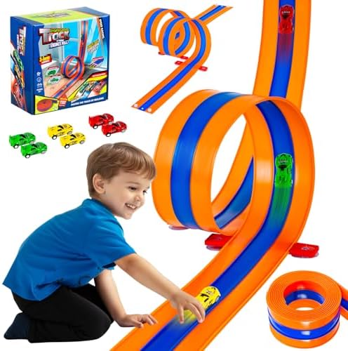 Tyholoo 3-Lane 16ft Flexible Race Track for Kids 3+ with Fixed Base & Strong Suction Cups, 6 1/64 Scale Pull-Back Cars